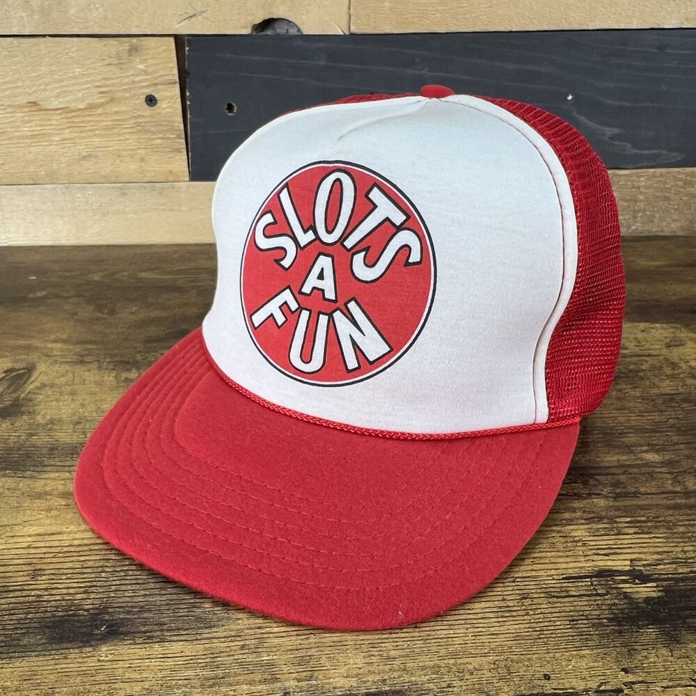 Slots A Fun Casino Gambling Vintage Red Snap Back Trucker Hat Mesh Cap